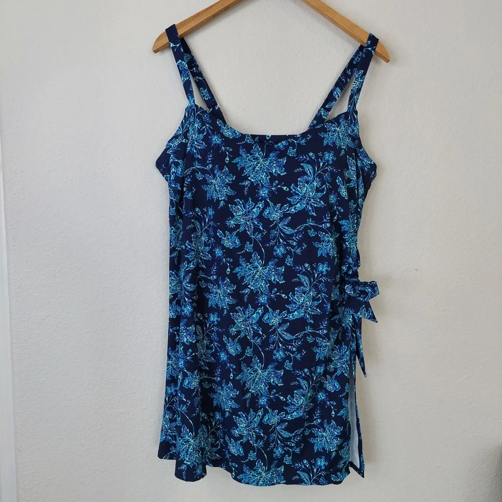 Land's End Blue Floral Print Side Tie Swim Dress One Piece‎ Swimsuit Size 18W